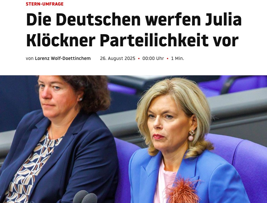 Laut Umfrage glauben nur CDU/CSU-Anhänger mehrheitlich, dass Frau Klöckner ihr Amt als Bundestagspräsidentin überparteilich ausübt – und selbst dort gibt es Zweifel. Doch bei Überparteilichkeit zählt, wie es die anderen sehen. Merz muss handeln, bevor das Amt weiter Schaden nimmt