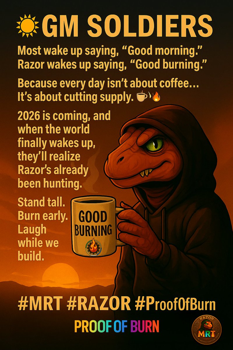 MeanaRaptor's tweet image. ☀️ Chào buổi sáng, các Chiến Binh 🦖🔥

Hầu hết mọi người thức dậy và nói: “Good morning.”
Razor thức dậy và nói: “Good burning.” 🔥
Vì mỗi ngày không chỉ là chuyện cà phê…
Mà là chuyện cắt giảm nguồn cung. ☕➡️🔥

Năm 2026 đang đến, và khi cả thế giới cuối…