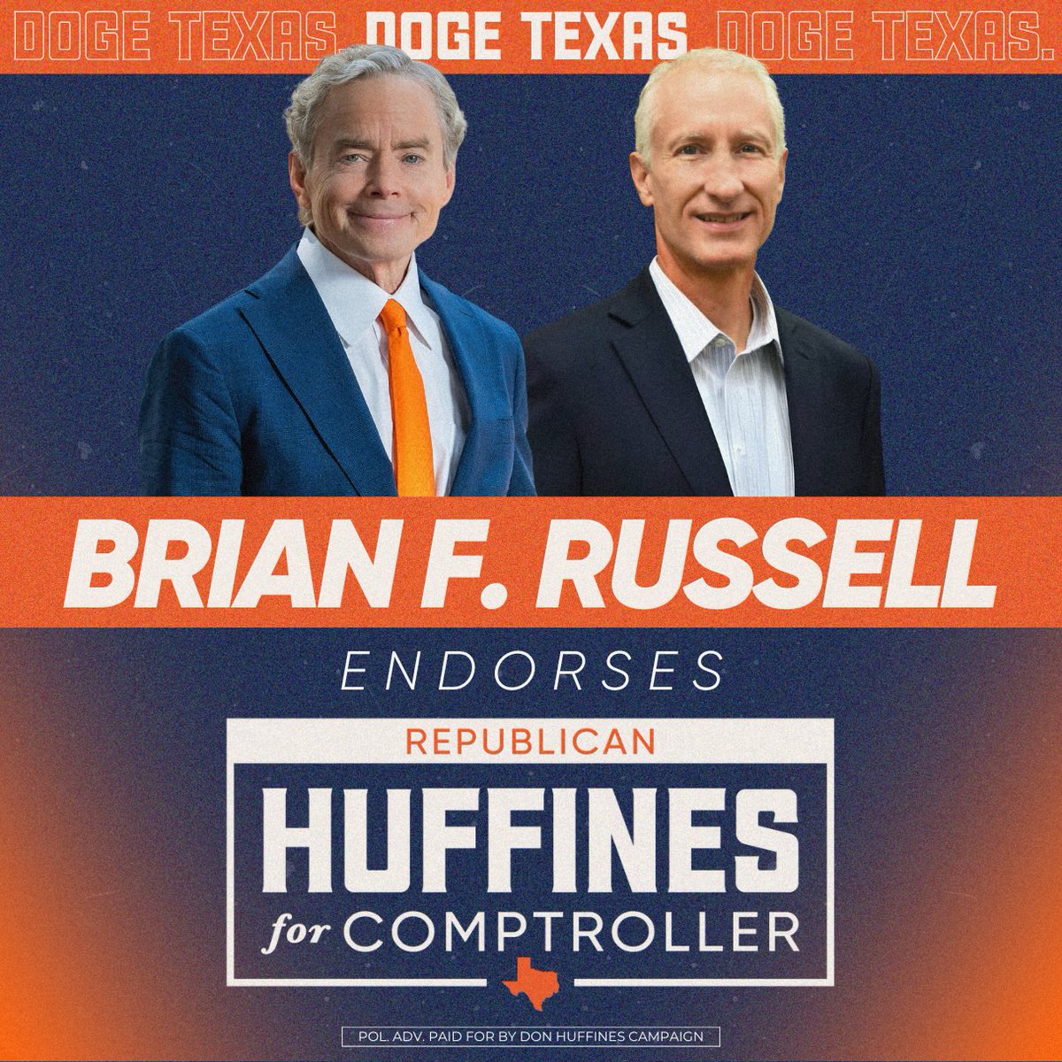 I’m honored to have the endorsement of Brian F. Russell, a strong conservative who stands firm for family values and accountability.

"Don Huffines is an unshakable defender of family values and a relentless champion of fiscal responsibility. He understands that safeguarding our