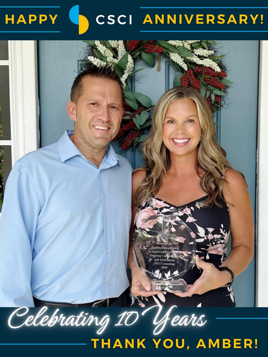 CSCIConsulting's tweet image. We're celebrating Amber's 10th CSCI anniversary! 🎉 Amber (pictured right) recently celebrated this milestone with her husband, Richard (left).
linkedin.com/feed/update/ur…