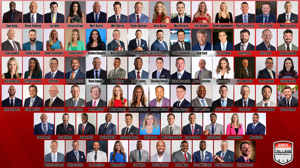 Amanda Brooks (@brooksad) on Twitter photo Our <a href="/ESPNCFB/">ESPN College Football</a> squad rolls deep! Here's a look at the full commentator lineup with regular game & crew assignments this fall 🏈 Our <a href="/ESPNCFB/">ESPN College Football</a> squad rolls deep! Here's a look at the full commentator lineup with regular game & crew assignments this fall 🏈