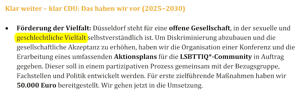 In NRW sind bald Kommunalwahlen. Die CDU stellt in ihren Wahlprogrammen klar, dass sie TransGaga weiter vorantreiben will – wie hier in Düsseldorf. Dort berät die transidente Fachlageristin mit den 34 Gender-OPs geschlechtsverwirrte Jugendliche. Möglich machen es Gelder der Stadt