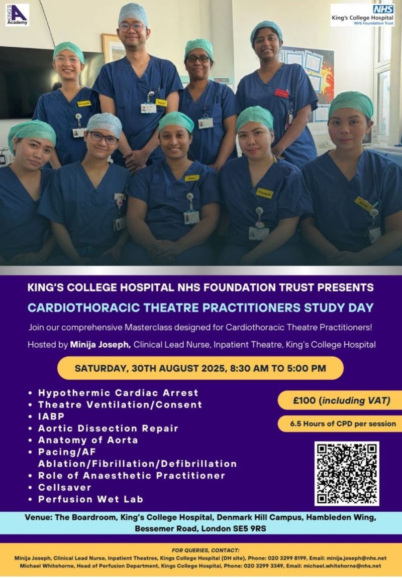 Only 4 days until he third Cardiothoracic Theatre Practitioners Day, taking place on Saturday 30th August 2025 💫 !  
This day is ideal for theatre practitioners, perfusionists, anaesthetic practitioners, scrub nurses, and clinical lead nurses.  

Full info 👇

Sign up now!