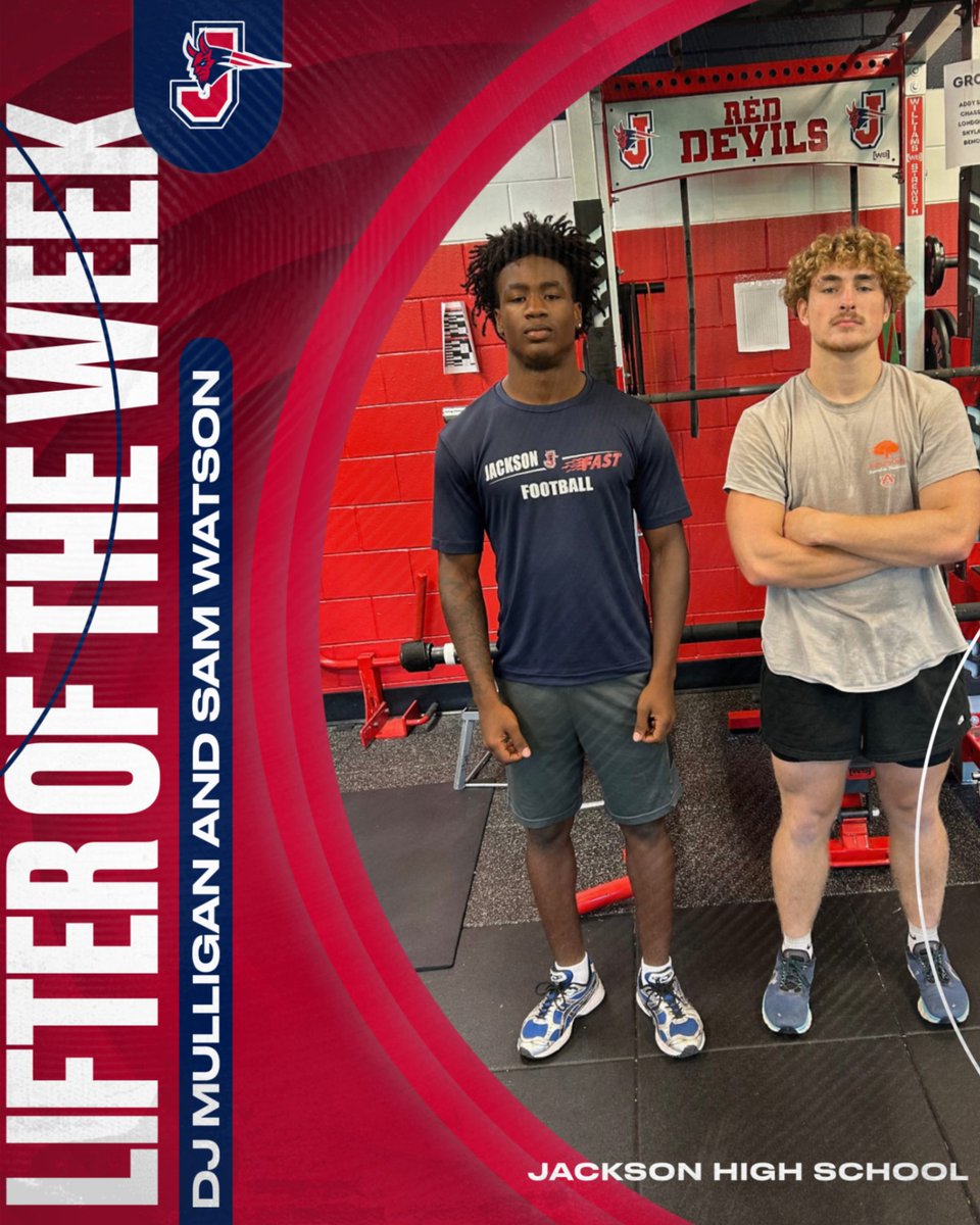 Jackson Red Devils Football (@rd4lfootball) on Twitter photo 💪 Lifter of the Week 💪
🔴⚪🔵 Week 2 – DJ Mulligan
🔴⚪🔵 Week 3 – Sam Watson
Both of these Red Devils have been grinding and putting in the work in the weight room. Proud of the effort and leadership they’ve shown!
#RD4L | #HTT
<a href="/Coach_e_brown/">Ellis Brown</a> 💪 Lifter of the Week 💪
🔴⚪🔵 Week 2 – DJ Mulligan
🔴⚪🔵 Week 3 – Sam Watson
Both of these Red Devils have been grinding and putting in the work in the weight room. Proud of the effort and leadership they’ve shown!
#RD4L | #HTT
<a href="/Coach_e_brown/">Ellis Brown</a>