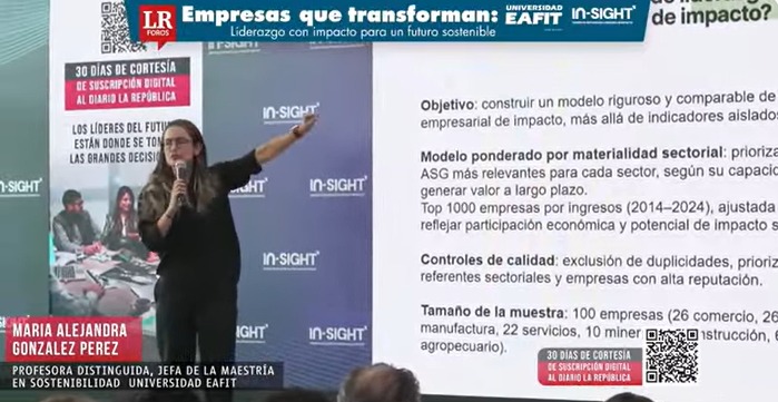 <a href="/EAFITBogota/">EAFIT Bogotá</a> <a href="/eskole/">Claudia Restrepo</a> <a href="/alexgarzon_/">Fernando Alexander Garzón-Lasso</a> <a href="/larepublica_co/">Diario La República</a> #LiderazgoConImpacto | "Somos empresas que tenemos que ayudar a compensar las deudas históricas del país, pero sobre todo, tenemos la deuda de estar generando valor y desarrollo para el país" <a href="/alegp1/">Maria Alejandra Gonzalez-Perez</a>, profesora distinguida y jefa de la maestría en Sostenibilidad de #EAFIT