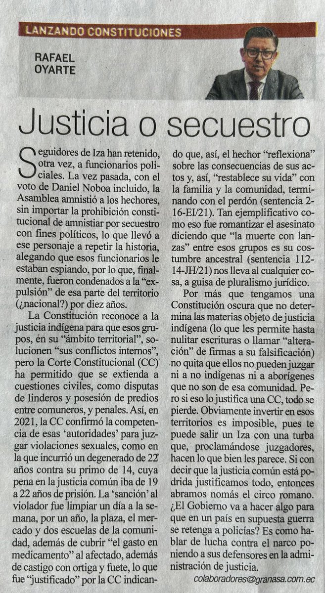 rafaeloyarte's tweet image. Podemos coincidir o discrepar con sistemas de justicia paralelos como la indígena, pero hay casos de evidente exceso y, peor aún, cohonestados por la @CorteConstEcu