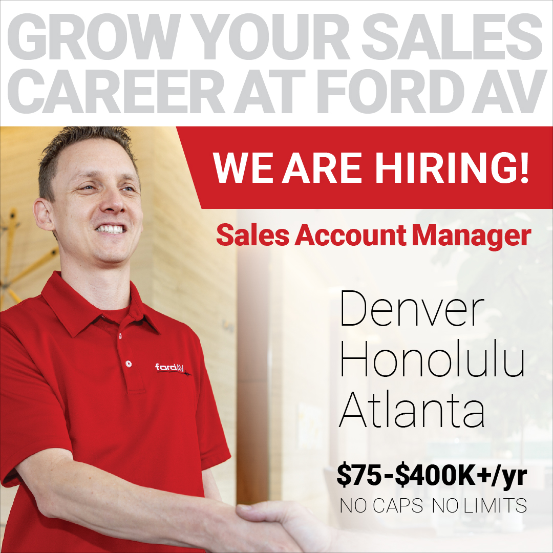 We are hiring Sales Account Managers!

📍 Locations: Denver, Honolulu, Atlanta

Deliver av solutions that help people communicate. As a Sales Account Manager, you will prospect, close deals, and partner with engineers to create proposals.

Apply Now: careers.fordav.com