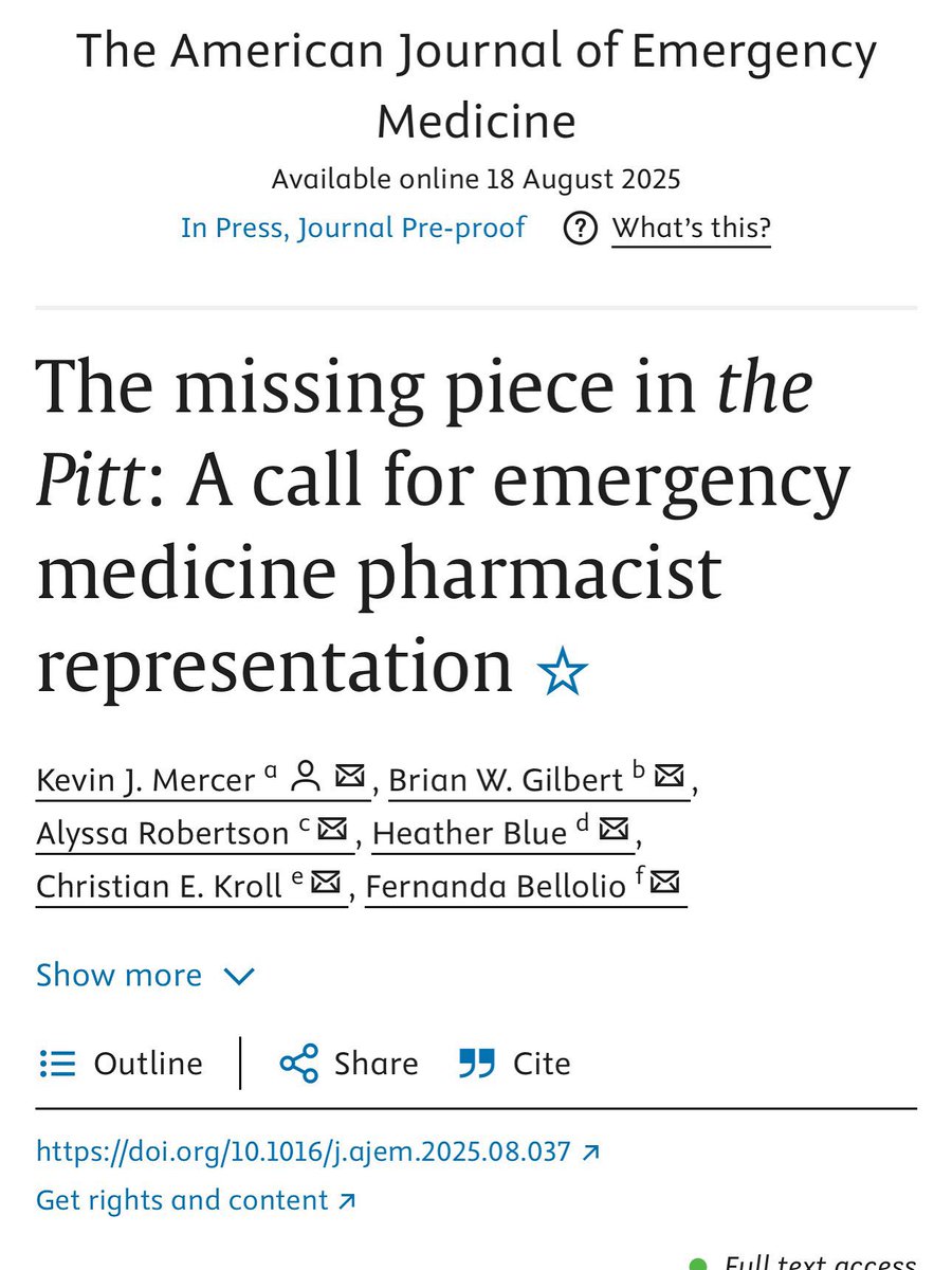 🚑 New in #AJEM

#ThePitt captures the chaos, intensity, and humanity of the ED better than most shows. But there’s one piece still missing…

💊 an emergency medicine pharmacist!

Let’s add an #EMPharmD to the story <a href="/HBO/">HBO</a> <a href="/hbomax/">HBO Max</a> <a href="/StreamOnMax/">Actually HBO Max</a> <a href="/HBOPR/">HBO PR</a> 👀

authors.elsevier.com/a/1lelz2dHVQGa…
