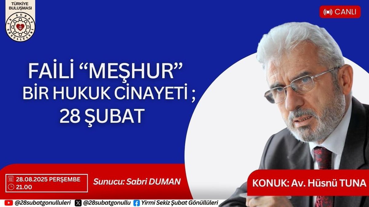FAİLLERİ;
■Cunta
■Küresel Vesayet Odakları
■Batı Çalışma Grubu
■İşbirlikçi Medya
■Darbeci Zihniyetten Brifing Alan Yargı Mensupları
■O Dönemin Kukla Omurgasız Yöneticileri olan 28 Şubat Darbesini konuşacağımız Canlı yayınımızın bu ayki konuğu Avukat HÜSNÜ TUNA olacak.