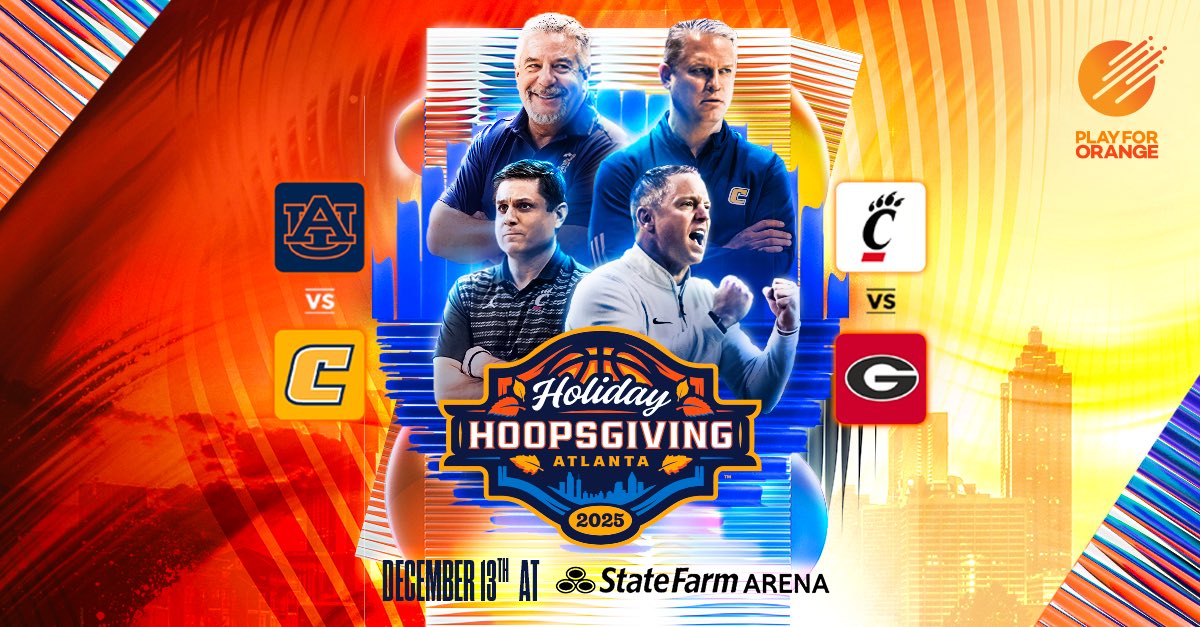 Holiday Hoopsgiving (@hhoopsgiving) on Twitter photo Year 6. The tradition continues. 🏀🔥
Holiday Hoopsgiving College Edition is back!
🗓️ Dec 13
📍 <a href="/StateFarmArena/">State Farm Arena</a>
📺 ESPN
<a href="/AuburnMBB/">Auburn Basketball</a> vs <a href="/GoMocsMBB/">Chattanooga Basketball</a>
<a href="/UGABasketball/">Georgia Basketball</a> vs <a href="/GoBearcatsMBB/">Cincinnati Men’s Hoops</a>
Atlanta, the stage is set. Let’s hoop. ✨
#HolidayHoopsgiving #CollegeHoops Year 6. The tradition continues. 🏀🔥
Holiday Hoopsgiving College Edition is back!
🗓️ Dec 13
📍 <a href="/StateFarmArena/">State Farm Arena</a>
📺 ESPN
<a href="/AuburnMBB/">Auburn Basketball</a> vs <a href="/GoMocsMBB/">Chattanooga Basketball</a>
<a href="/UGABasketball/">Georgia Basketball</a> vs <a href="/GoBearcatsMBB/">Cincinnati Men’s Hoops</a>
Atlanta, the stage is set. Let’s hoop. ✨
#HolidayHoopsgiving #CollegeHoops