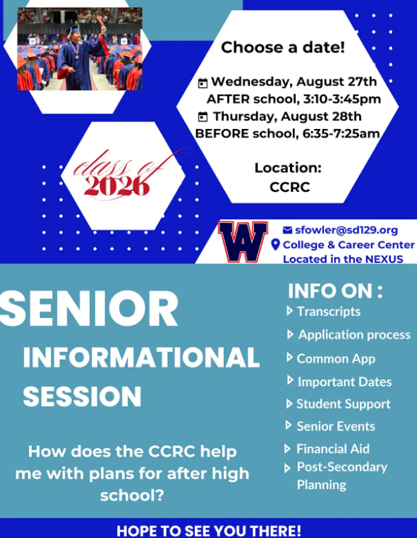 Seniors! We offer extensive support with college applications, and this is just the first of many exciting events hosted by our College &amp; Career Readiness Center (CCRC). Don’t miss out!

August 27th, after schoo,l or August 28th, before school! You choose what is best for you!