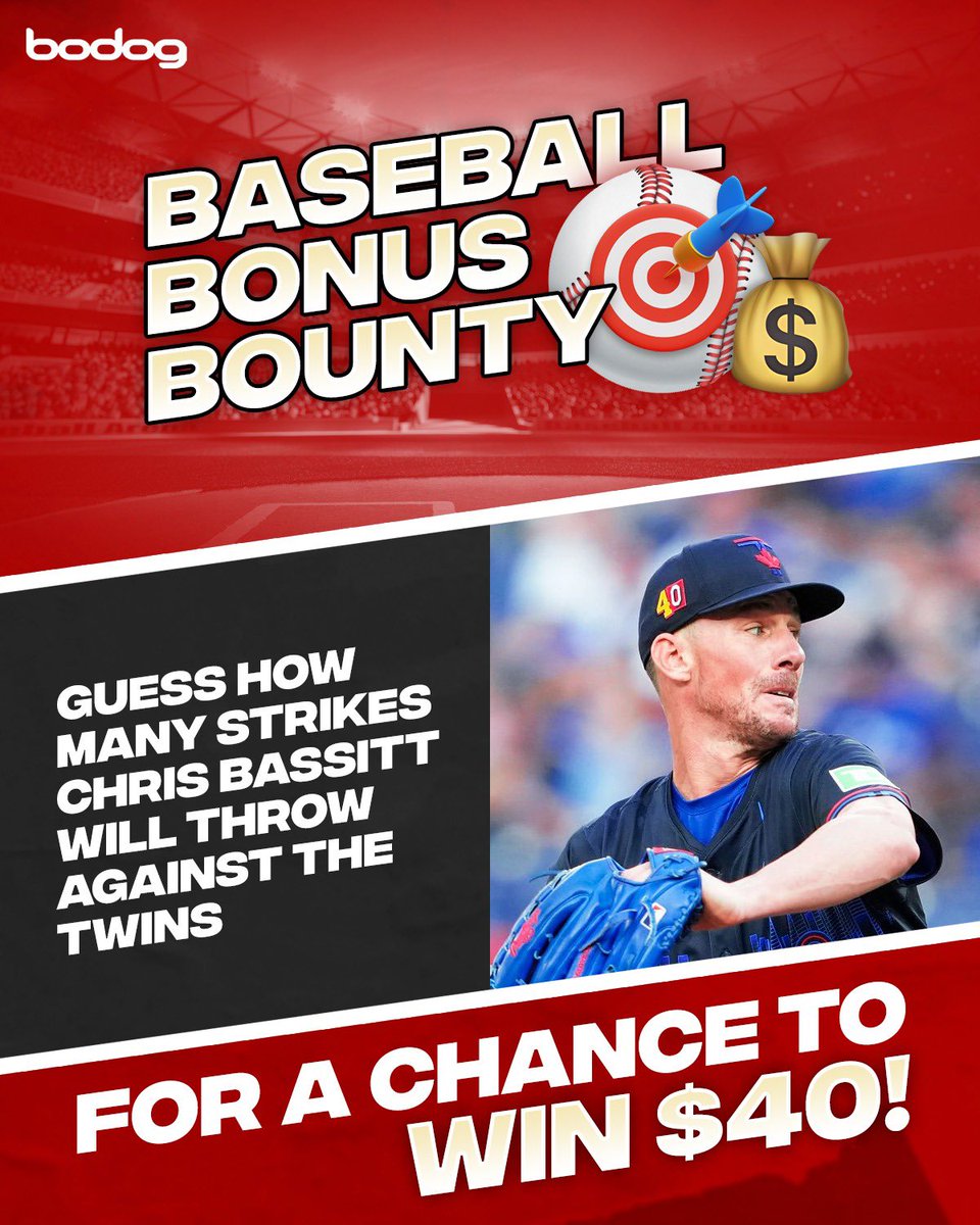 ⚾️🎯 BODOG PRESENTS… BASEBALL BONUS BOUNTY! 

To enter: 

• Follow @BodogCA 

• 🔁 and reply with how many strikes you think Chris Bassitt  will throw against the Twins tonight!

We’ll pick a lucky winner!

If no one guesses correct, the pot will grow by $10 🤑

#MLB ➡️