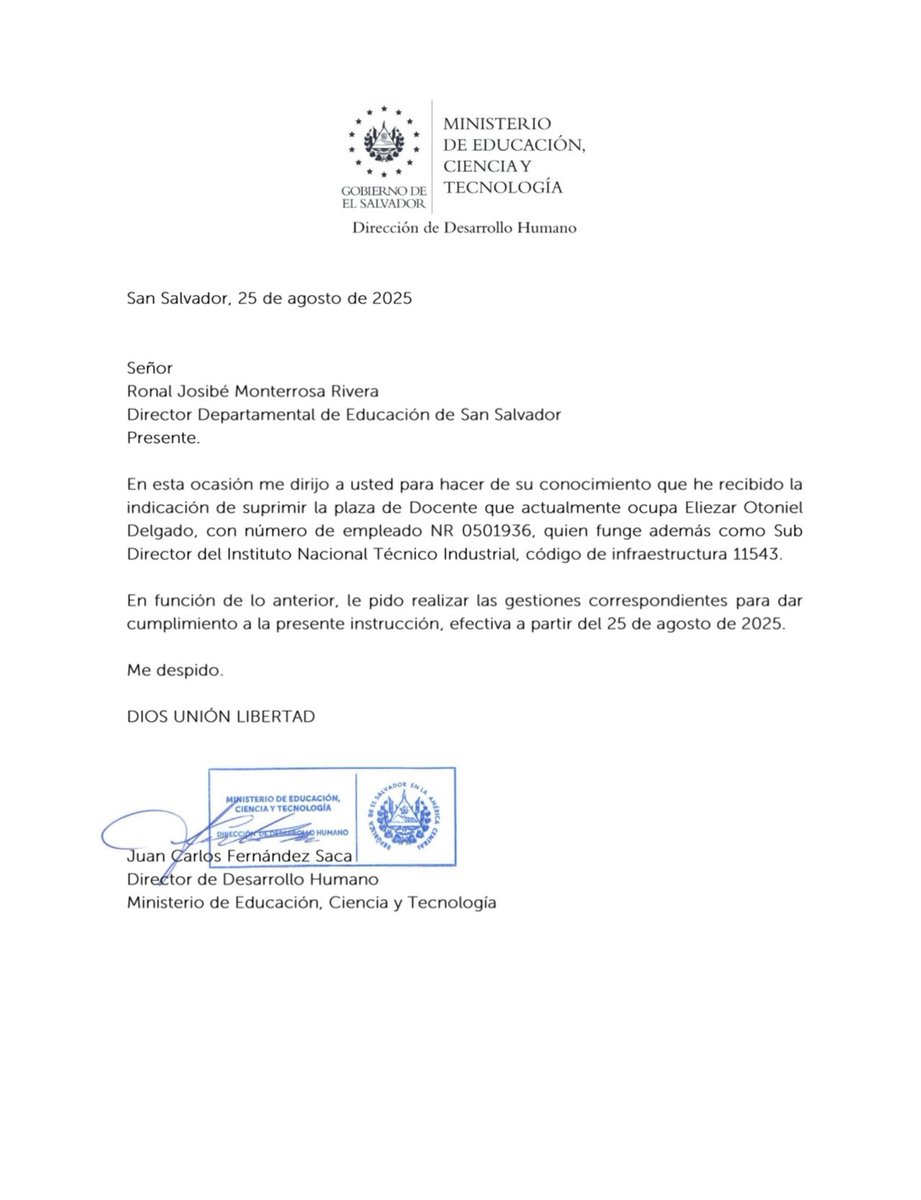 La ministra de Educación, Karla Trigueros, ordenó la destitución inmediata del director y subdirector del Instituto Técnico Industrial (INTI), luego de un video compartido por el presidente Nayib Bukele. 👇