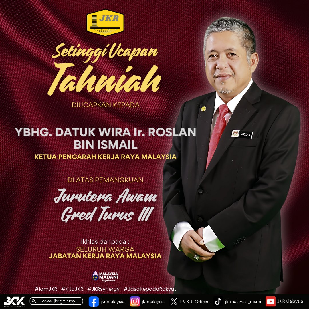 Sukacita dimaklumkan YBhg. Tan Sri Dato' Sri Shamsul Azri bin Abu Bakar, Ketua Setiausaha Negara (KSN) telah menyerahkan watikah pemangkuan Jurutera Awam Gred Turus III kepada YBhg. Datuk Wira Ir. Roslan bin Ismail, Ketua Pengarah Kerja Raya (KPKR) berkuatkuasa 26 Jun 2025