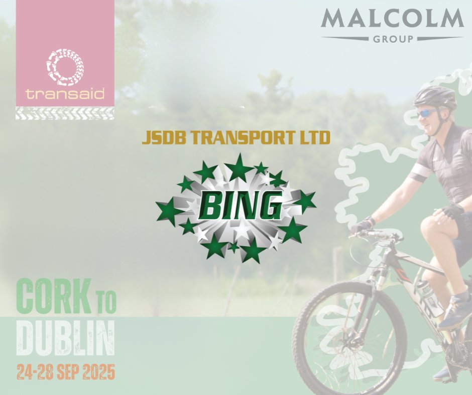 MalcolmGroup's tweet image. The Malcolm Group is delighted to welcome JSDB Transport LTD and BING as one of our jersey sponsors for the @transaidorg Cork to Dublin Cycle Challenge.

Thank you for your support!

#cyclechallenge #CharityPartnerships