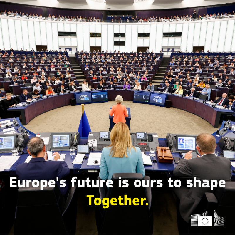 EU_Commission's tweet photo. Shaping Europe's future, with a bold and ambitious path ahead.

On 10 September, President von der Leyen will deliver her State of the 🇪🇺 Union.

See how far we have got on our pathway so far ↓