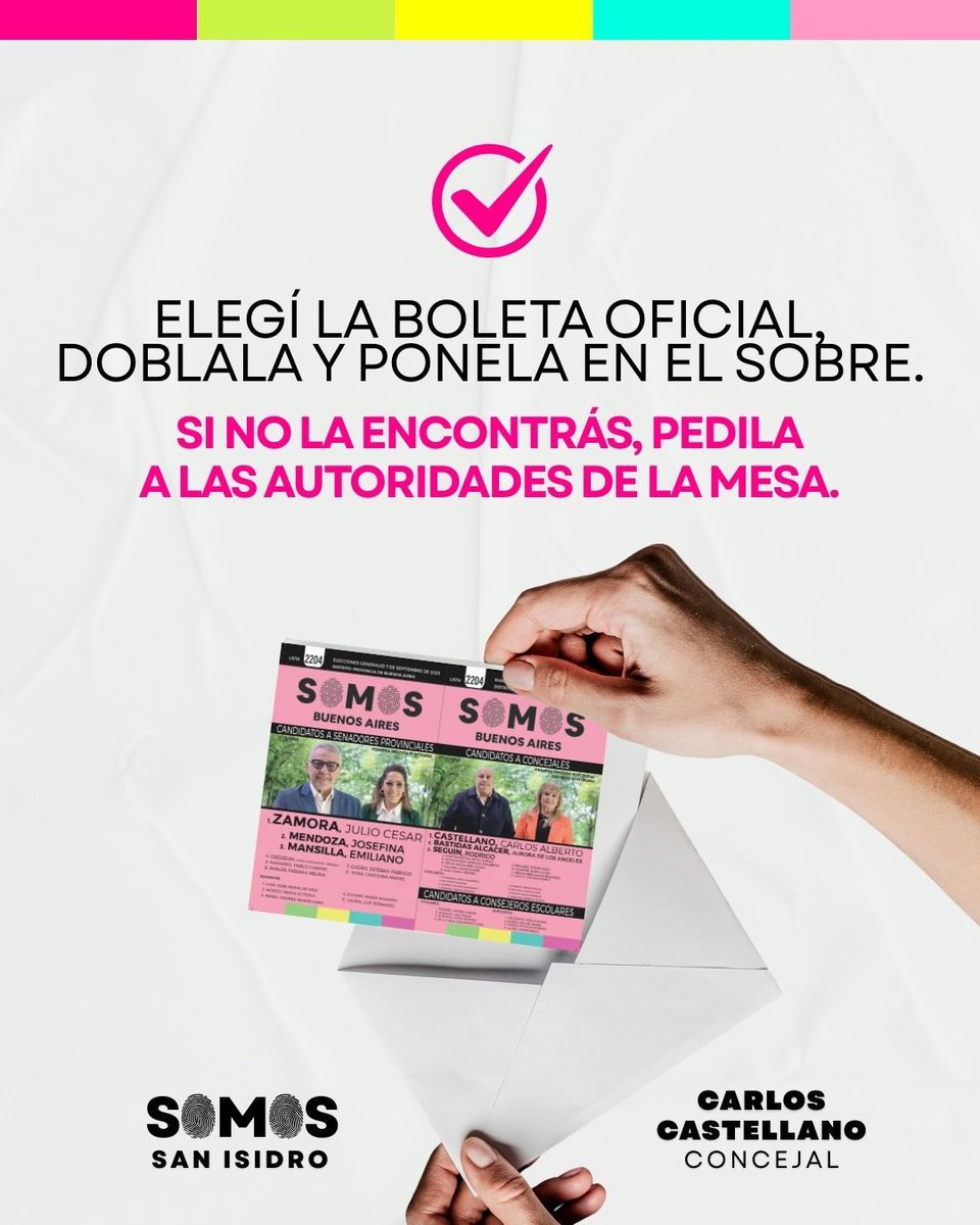 🗳️ Este 7 de septiembre, buscá la boleta oficial de Somos Buenos Aires.
Con Julio Zamora como senador y Carlos Castellano como concejal, defendemos tus derechos y trabajamos por el futuro que queremos.
👉 Tu voto hace la diferencia.

#boletaoficial #somossanisidro #somosbsas