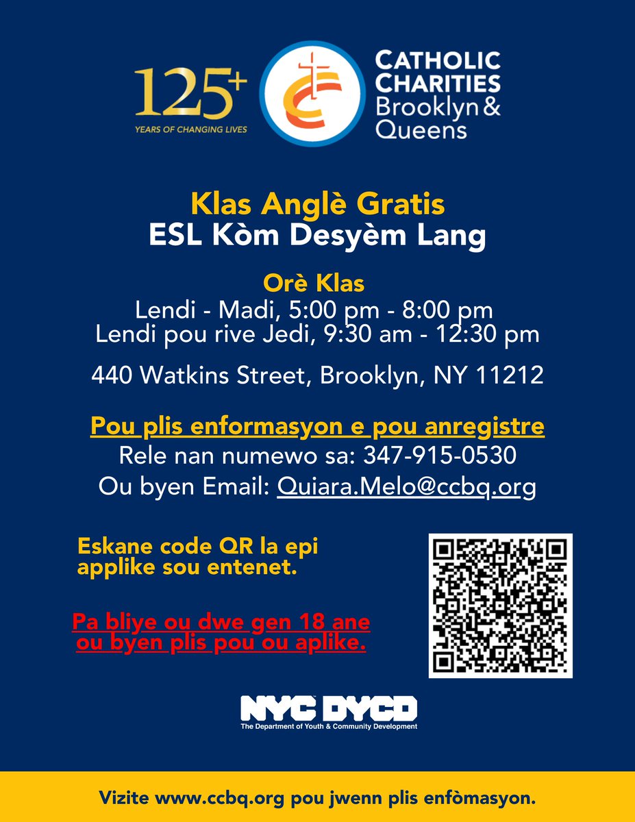 CathCharitiesBQ's tweet image. Ready to level up your English skills? 🌍✨ Join #CCBQ’s FREE #ESLClasses, sponsored by @NYCYouth! 📚
#BetheSolution #LearnEnglish #ESL