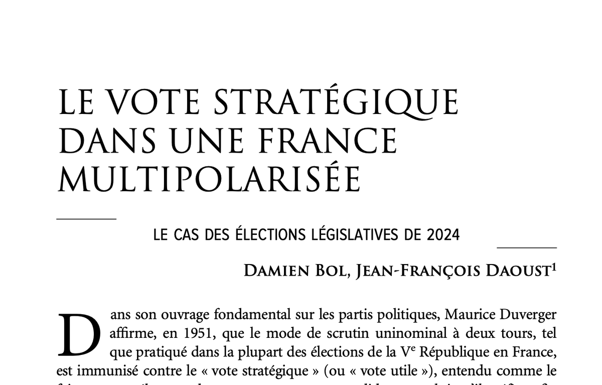 J.-F. Daoust (@jf_daoust) on Twitter photo New paper on strategic voting in France! 🗳️
Nouvel article à la Revue française de science politique:
Avec Damien Bol <a href="/CEVIPOF/">CEVIPOF - Sciences Po</a>
"Le vote stratégique dans une France multipolarisée : Le cas des élections législatives de 2024" 👇
shs.cairn.info/revue-revue-fr…
<a href="/flshUdeS/">Lettres et sciences humaines</a> New paper on strategic voting in France! 🗳️
Nouvel article à la Revue française de science politique:
Avec Damien Bol <a href="/CEVIPOF/">CEVIPOF - Sciences Po</a>
"Le vote stratégique dans une France multipolarisée : Le cas des élections législatives de 2024" 👇
shs.cairn.info/revue-revue-fr…
<a href="/flshUdeS/">Lettres et sciences humaines</a>