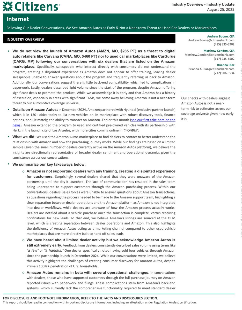 Investor analysis of #Amazon autos. People are everything in our business. Never underestimate the power of relationships! 

One nugget to highlight amongst many…….

“Amazon is not supporting dealers with any training, creating a disjointed experience
for customers.