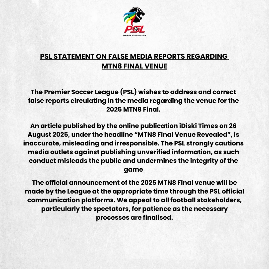 𝐏𝐒𝐋 𝐬𝐭𝐚𝐭𝐞𝐦𝐞𝐧𝐭 𝐨𝐧 𝐟𝐚𝐥𝐬𝐞 𝐦𝐞𝐝𝐢𝐚 𝐫𝐞𝐩𝐨𝐫𝐭𝐬 𝐫𝐞𝐠𝐚𝐫𝐝𝐢𝐧𝐠 𝐌𝐓𝐍𝟖 𝐟𝐢𝐧𝐚𝐥 𝐯𝐞𝐧𝐮𝐞.