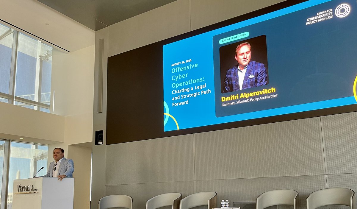 christinayiotis's tweet image. Dmitri @DAlperovitch, Chairman, Silverado Policy Accelerator, delivers Keynote at @VenableLLP Center for Cybersecurity Policy and Law’s “Offensive Cyber Operations--Charting a #Legal &amp;amp; #Strategic Path Forward” #CyberOperations #ActiveCyberDefense @CyberSecCenter @SilveradoPolicy