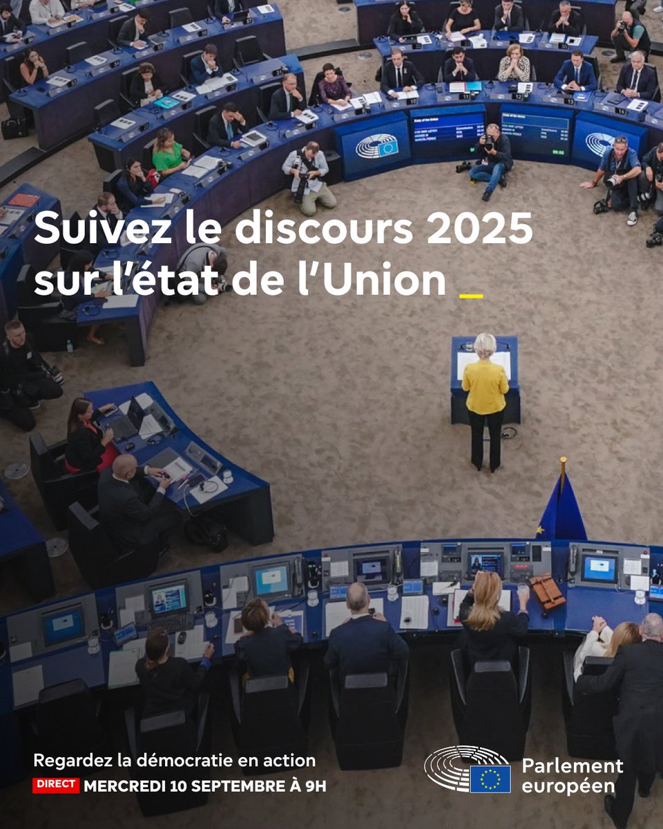 Parlement européen en France (@europarl_fr) on Twitter photo Démocratie en action.
Notez la date dans votre agenda : c'est bientôt le débat annuel sur l'état de l'Union européenne #SOTEU
Le 10 septembre, <a href="/vonderleyen/">Ursula von der Leyen</a> sera au Parlement européen pour présenter les priorités annuelles de l’UE et répondre aux questions des députés européens. Démocratie en action.
Notez la date dans votre agenda : c'est bientôt le débat annuel sur l'état de l'Union européenne #SOTEU
Le 10 septembre, <a href="/vonderleyen/">Ursula von der Leyen</a> sera au Parlement européen pour présenter les priorités annuelles de l’UE et répondre aux questions des députés européens.