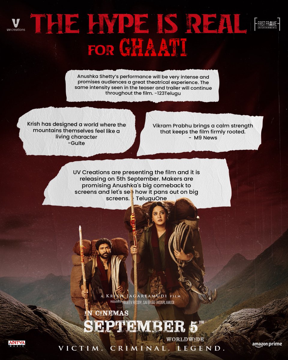 UV Creations (@uv_creations) on Twitter photo THE HYPE IS REAL for #GHAATI 💥💥
Get ready for a world where the mountains speak as 'The Queen' ascends her throne 🌟
#GHAATI GRAND RELEASE WORLDWIDE ON 5th SEPTEMBER 2025 ❤️🔥
⭐ing ‘The Queen’ <a href="/MsAnushkaShetty/">Anushka Shetty</a> & <a href="/iamVikramPrabhu/">Vikram Prabhu</a>
🎥 Directed by the phenomenal <a href="/DirKrish/">Krish Jagarlamudi</a>
🏢 THE HYPE IS REAL for #GHAATI 💥💥
Get ready for a world where the mountains speak as 'The Queen' ascends her throne 🌟
#GHAATI GRAND RELEASE WORLDWIDE ON 5th SEPTEMBER 2025 ❤️🔥
⭐ing ‘The Queen’ <a href="/MsAnushkaShetty/">Anushka Shetty</a> & <a href="/iamVikramPrabhu/">Vikram Prabhu</a>
🎥 Directed by the phenomenal <a href="/DirKrish/">Krish Jagarlamudi</a>
🏢