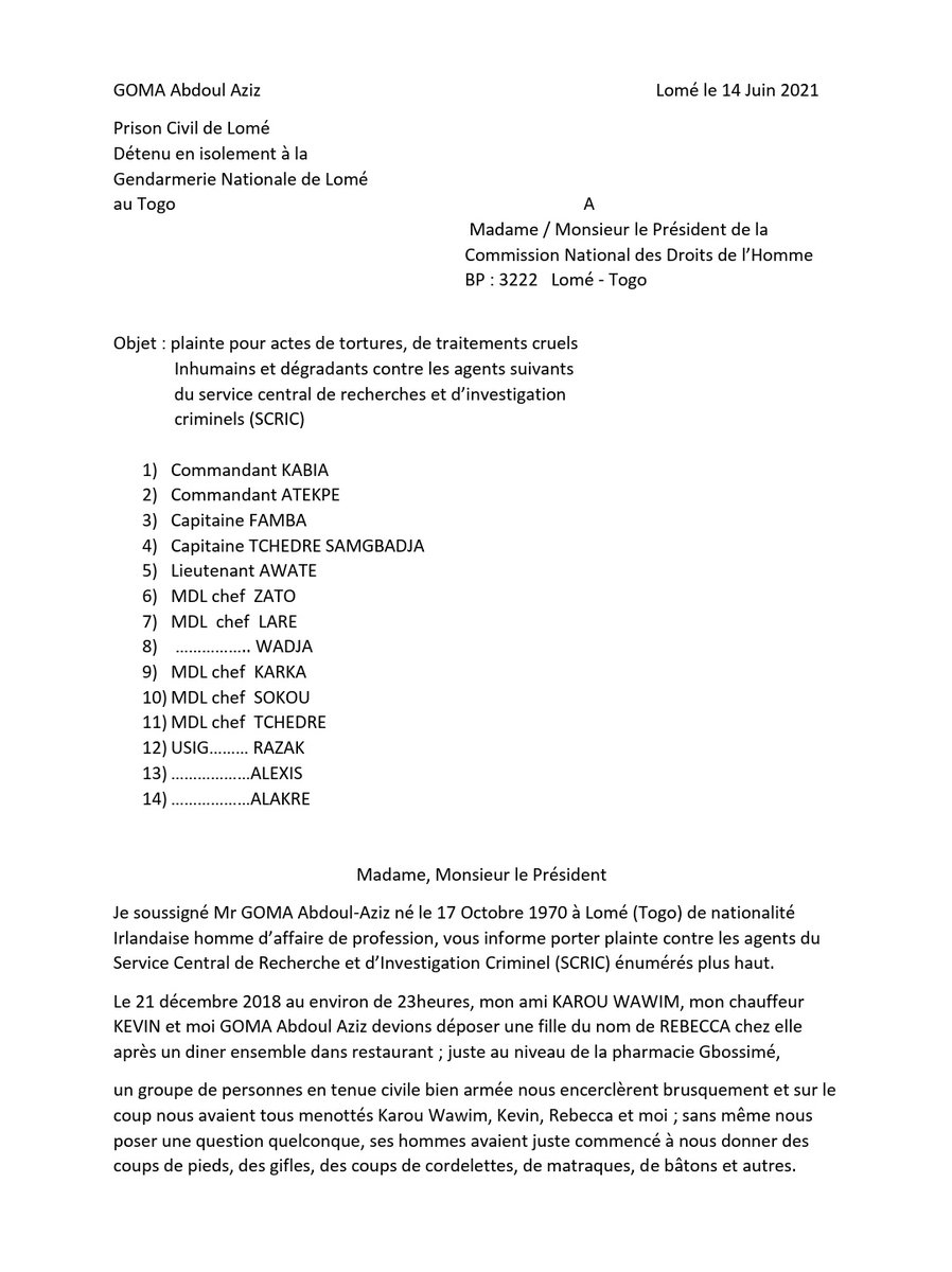 TogoDeboutEurop's tweet photo. Abdel Aziz GOMA porte plainte pour actes de torture, traitements cruels, inhumains et dégradants, contre des agents du Service Central de Recherche et d'Investigation Criminels (SCRIC)

#LiberezLesPrisonniersPolitiques 
#LiberezLeTogo #FreeTogo
#TogoDebout #FaureMustGo

(1/2) https://t.co/MlhiKIiHk6