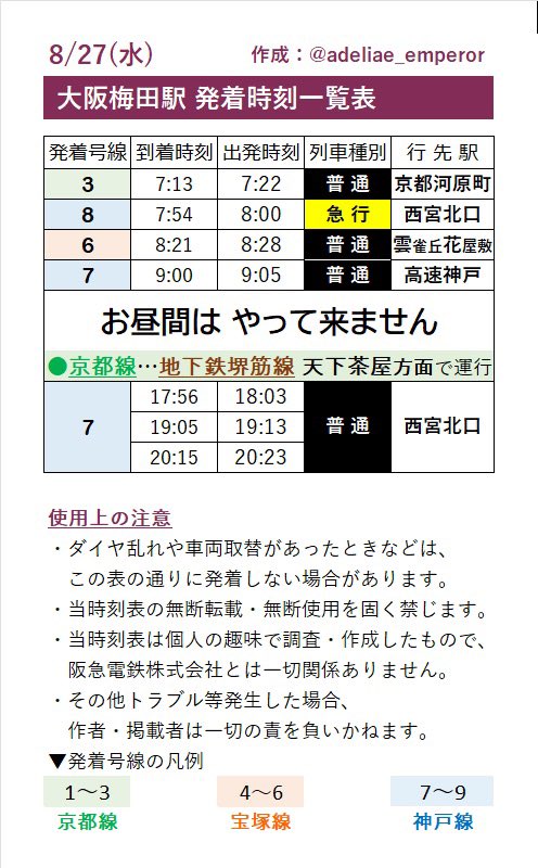 8/27(水)カービィ号運行表 🔵神戸線 朝⭕️昼❌夜⭕️ 🟠宝塚線 朝