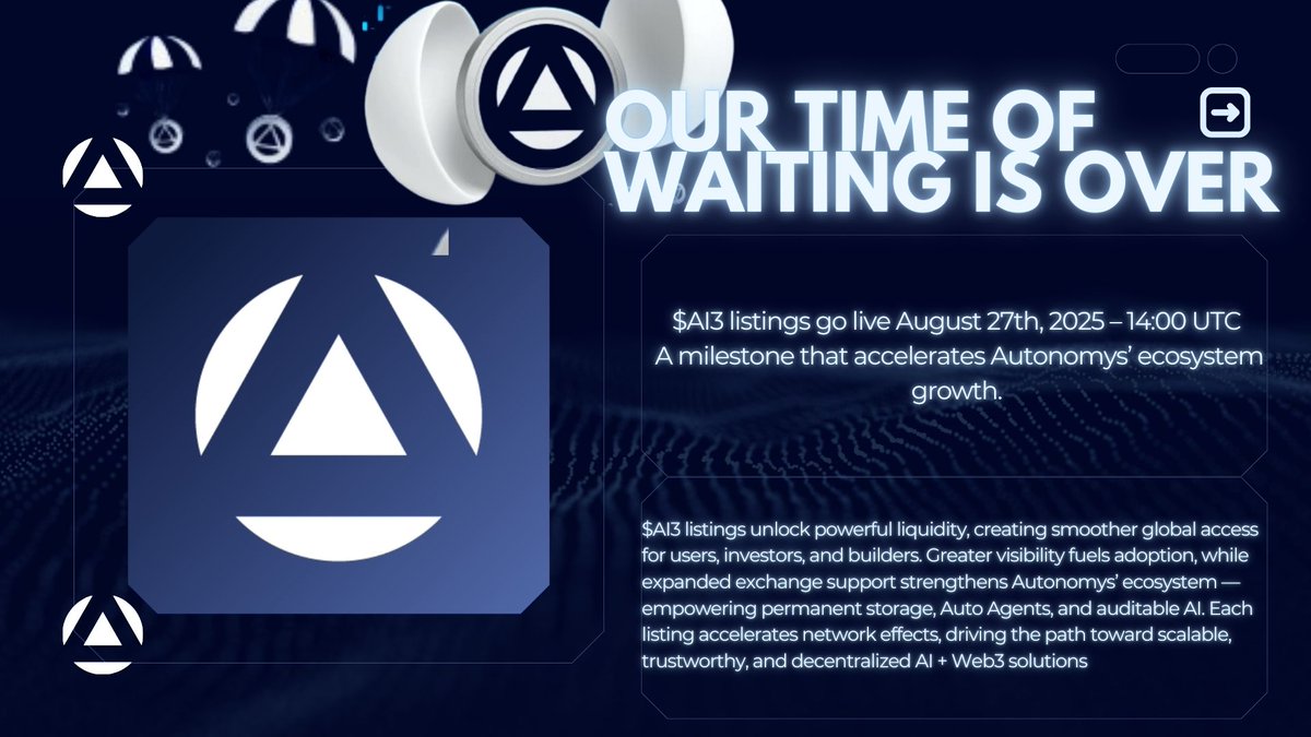 Ayobami Jacob Aniyikaye😎 (@ayobamijacob123) on Twitter photo 🚀 OUR TIME OF WAITING IS OVER!
With $AI3 listings going live on 27th of august 2025, 14;00 UTC <a href="/AutonomysNet/">Autonomys | AI3.0</a> is unlocking a new era of growth. 🌐✨
This isn’t just about access to tokens — it’s about fueling the AI + Web3 revolution with liquidity, adoption & momentum. #AI3 🚀 OUR TIME OF WAITING IS OVER!
With $AI3 listings going live on 27th of august 2025, 14;00 UTC <a href="/AutonomysNet/">Autonomys | AI3.0</a> is unlocking a new era of growth. 🌐✨
This isn’t just about access to tokens — it’s about fueling the AI + Web3 revolution with liquidity, adoption & momentum. #AI3