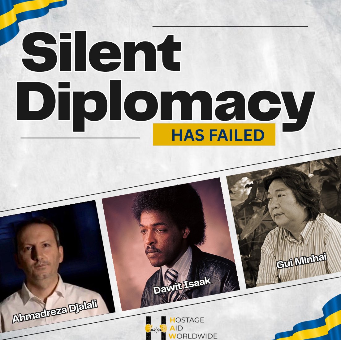 Three Swedish citizens silenced in three corners of the world:
Iran: Ahmadreza Djalali, doctor sentenced to death;
Eritrea: Dawit Isaak, journalist held 24 years without trial;
China: Gui Minhai, publisher imprisoned in secrecy.
Three cases that prove Sweden’s silent diplomacy