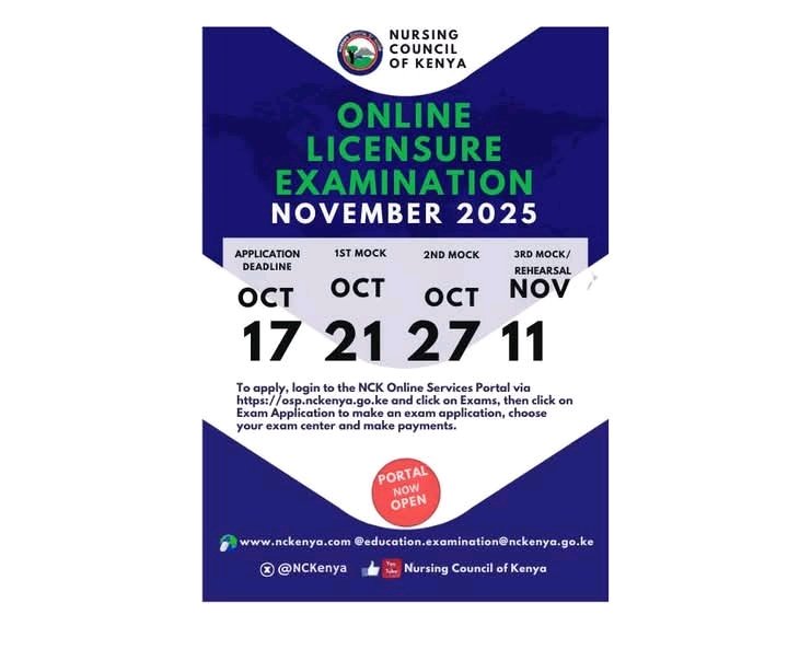 📢 The NCK Exam Portal is now open for the Nov 2025 Licensure Exam.  
📅 Application Deadline: 17th Oct 2025
📅 Mocks: Oct 21 &amp; 27 | Rehearsal: Nov 11  
✅ All eligible candidates must be submitted by their institutions.  

#NCKExams #BSNOkello