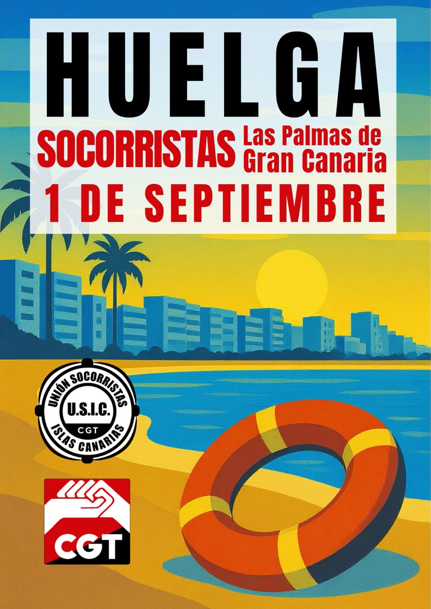 CGT Salvamento y Socorrismo (@cgtsocorrismo) on Twitter photo Huelga de la sección sindical Unión Socorristas Islas Canarias a partir del 1 de septiembre.
Cobran el SMI
Sin prevención de riesgos laborales
Plagas de roedores e insectos en sus módulos
No se cumple el Plan de Seguridad del servicio.
<a href="/ciudaddemar/">Ciudad de Mar</a> <a href="/CruzRojaEsp/">Cruz Roja Española</a> Responsables. Huelga de la sección sindical Unión Socorristas Islas Canarias a partir del 1 de septiembre.
Cobran el SMI
Sin prevención de riesgos laborales
Plagas de roedores e insectos en sus módulos
No se cumple el Plan de Seguridad del servicio.
<a href="/ciudaddemar/">Ciudad de Mar</a> <a href="/CruzRojaEsp/">Cruz Roja Española</a> Responsables.