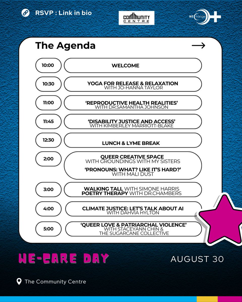 WE-Care Day is happening on Saturday, August 30th at the Community Centre. This one-day event is about healing, learning, and community care. We’re bringing people together for honest conversations on disability justice, reproductive health, queer love, climate change, and more.