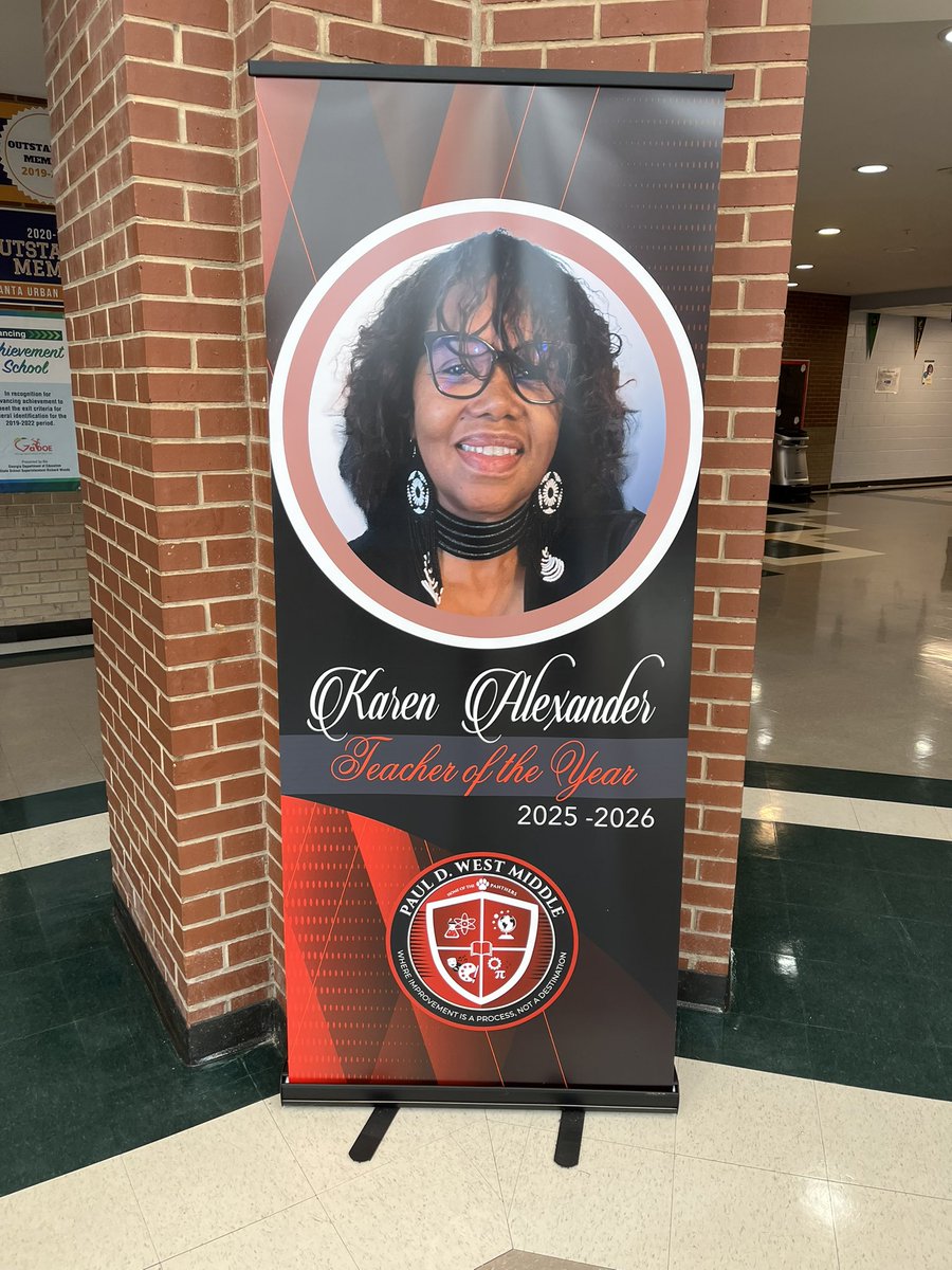 I love walking into a school and seeing a CTAE teacher’s face on the TOTY banner!! <a href="/pearl_holiday/">Karen Alexander</a> you are awesome! <a href="/PaulDWestMiddle/">Paul D. West Middle</a>