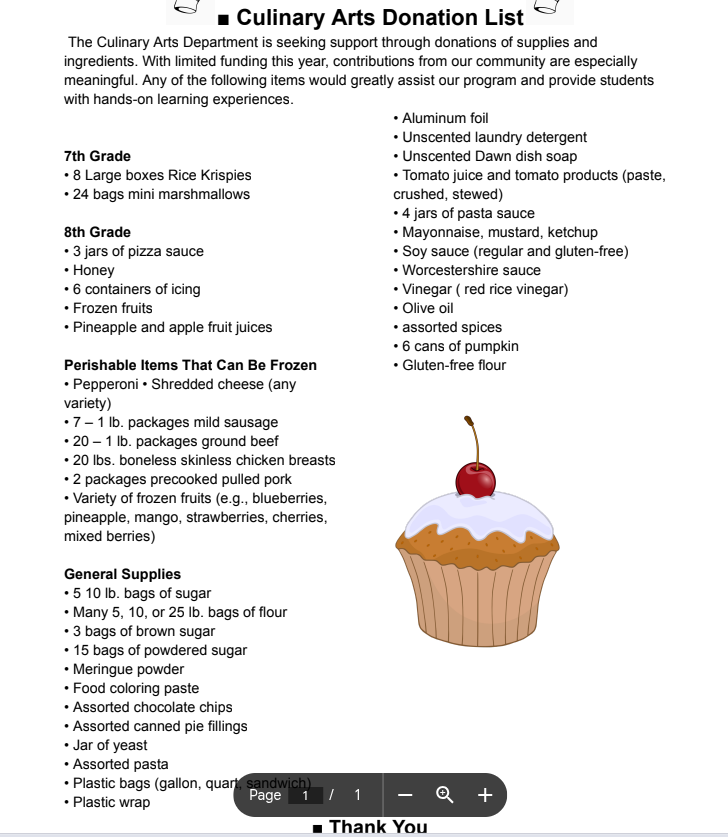 Thank you so much to everyone that has already donated items to our Culinary Arts Program. We greatly appreciate your support. We have updated our request form based on what has already been brought in. Please keep us in mind the next time you are at the grocery story 🙂#WeAreMG