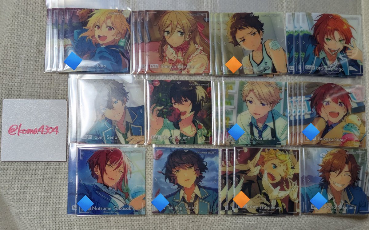 koma4304's tweet photo. 🎮️【交換・譲渡】あんスタ　POP-UP SHOP　ポップアップ　スクエアクリアカード

譲→画像参照

求→弓弦or定価+送料(3枚毎のみ)

●無印は交換のみ(🔶含む方優先)／🔷交換優先
●🔶は弓弦含む場合真>真緒を弓弦の同数まで抱き合わせ可能
●4枚目追加BOX分+撮り忘れ分(創翠各2他各1)
注意事項一番下↓ https://t.co/NSspyVwLnR