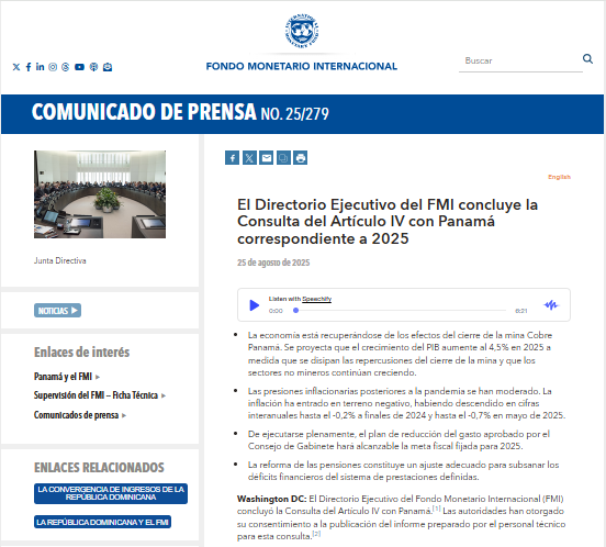 📈Panamá🇵🇦 se recupera y crecerá un 4,5 % en 2025 tras el cierre de la mina, indica el FMI: A medida que se disipan las repercusiones, el efecto en el resto de la economía "parece haber sido limitado". El crecimiento del PIB se aceleró gracias al impulso del sector servicios.