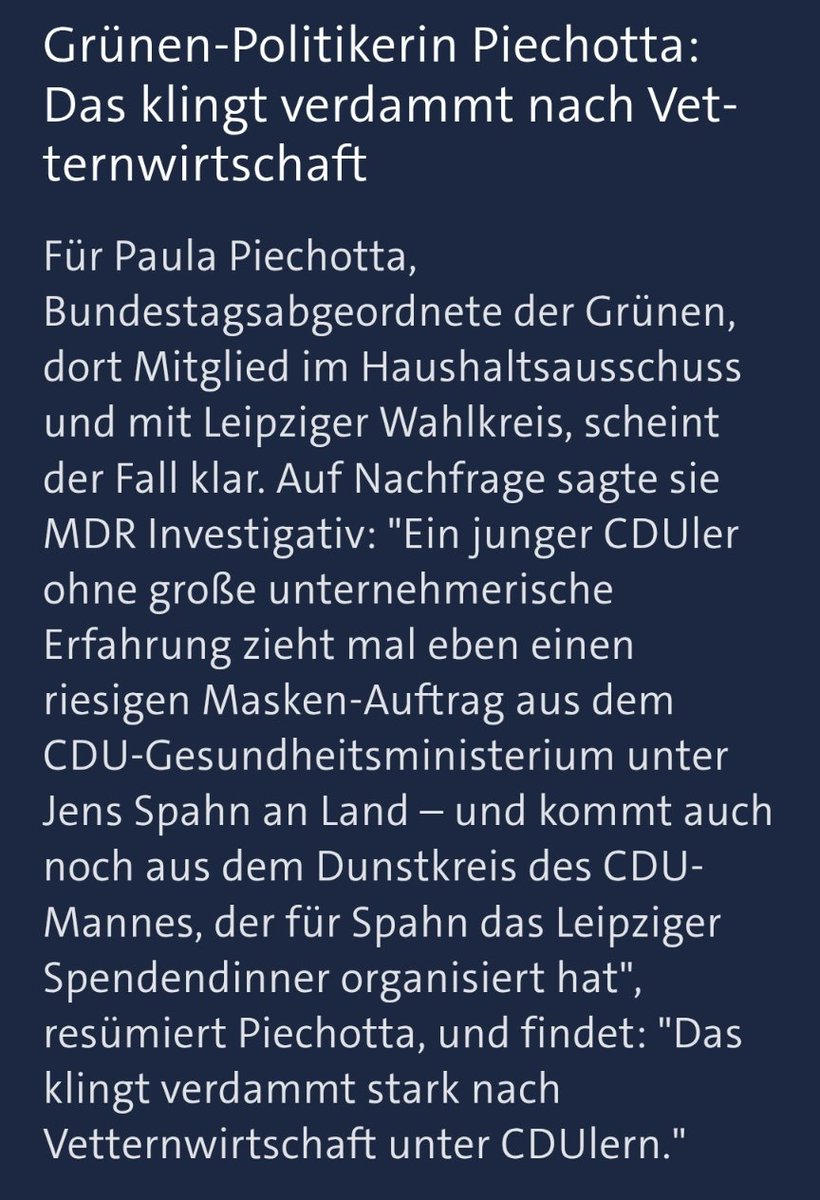 Mal wieder neue Recherche-Ergebnisse zu #Spahn und Maskenunternehmern mit anscheinend engen Verbindungen zur CDU, diesmal aus Sachsen. tagesschau.de/inland/innenpo… #maskendeals