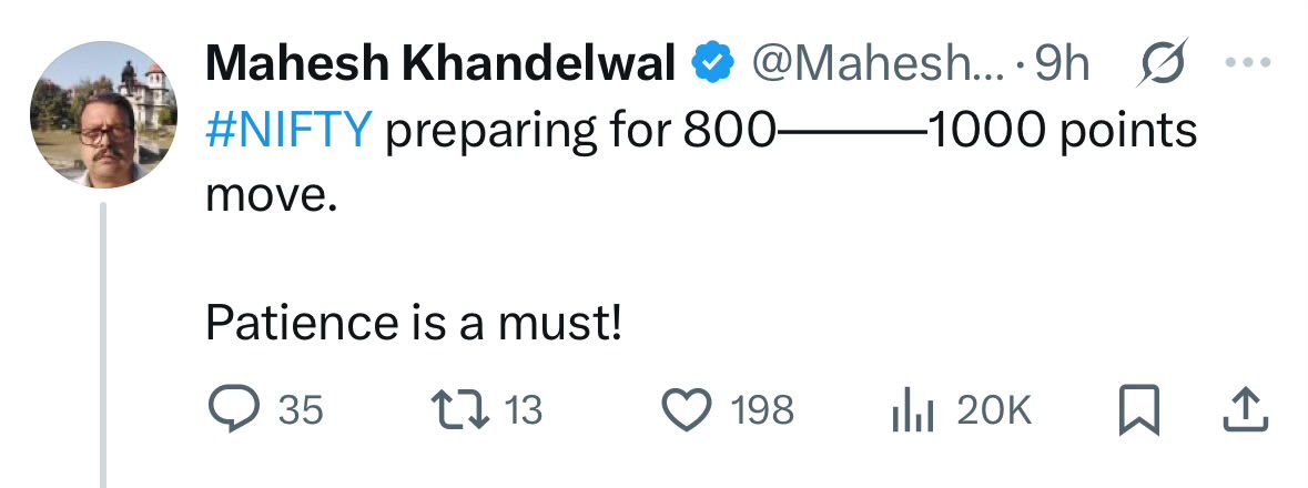 Mahesh uncle can post “800-1000 points on cards for Nifty” and it will get the same traction every single time.

This mystery will never be solved just like the sleep and dream mystery 😂😂