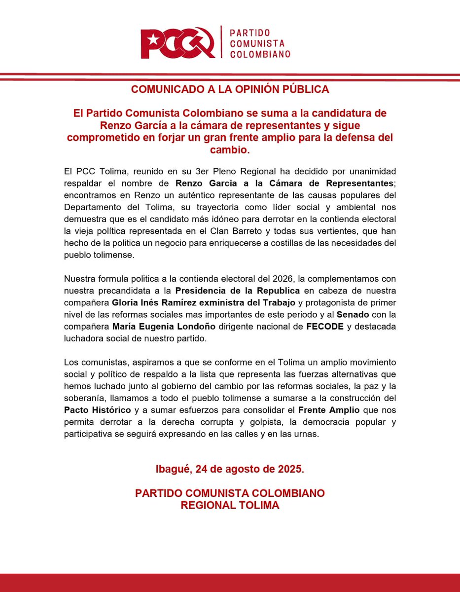 Agradezco profundamente al PCC Tolima por respaldar nuestra aspiración a la Cámara de Representantes por el dpto Tolima. Este apoyo fortalece nuestra lucha por la justicia social, la dignidad y los derechos del pueblo. ¡Vamos con fuerza y convicción! 🇨🇴