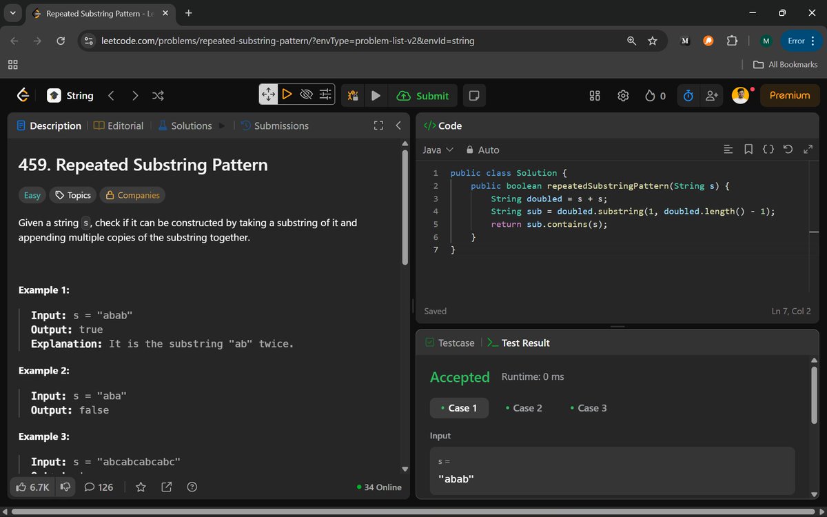 Manohar2909's tweet photo. ๐Day 87/100: Mastering Strings โ From Repeated Patterns to Palindrome Power.
459. Repeated Substring Pattern
1332. Remove Palindromic Subsequences
#Java #LeetCode #DSA #StringAlgorithms #Palindrome #Substring #CodingChallenge #SoftwareEngineering #CodingJourney #connect https://t.co/NO7YFIgo5C