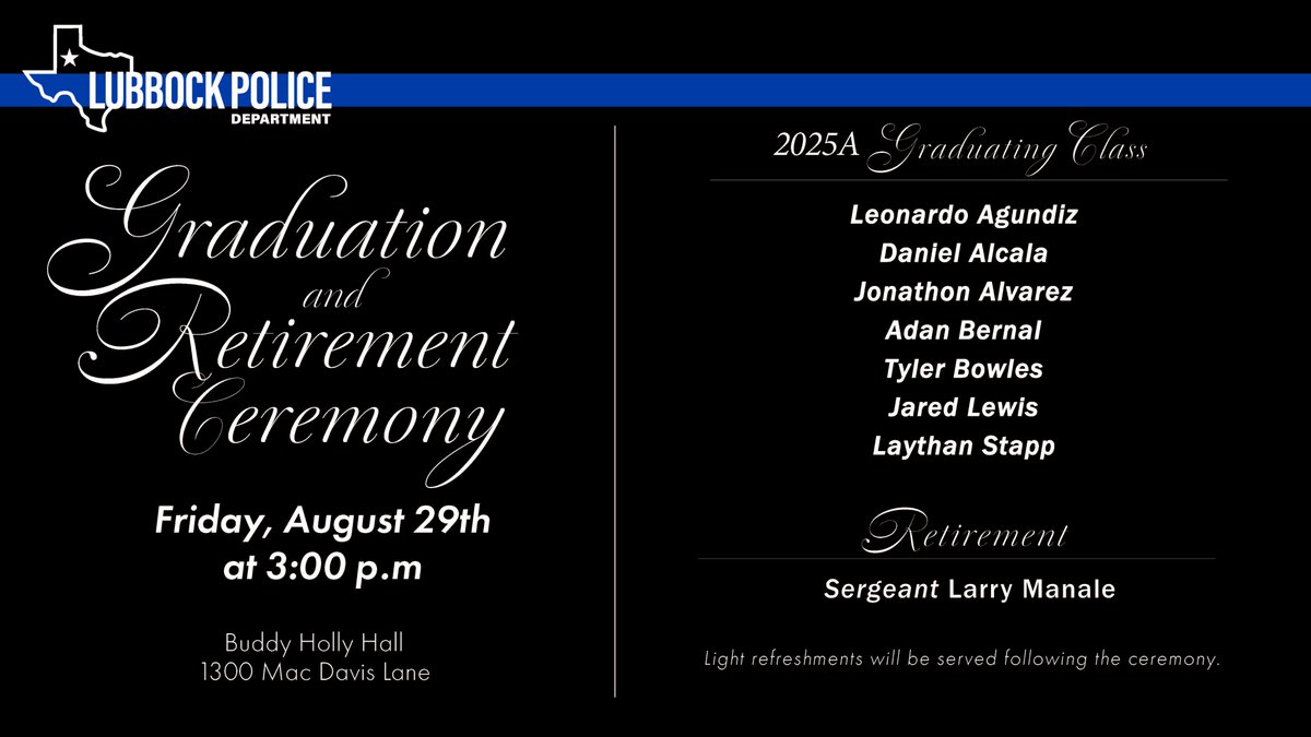 ⚫️🔵***GRADUATION &amp; RETIREMENT CEREMONY***🔵⚫️

Don't forget, you're invited to celebrate the Class 2025A graduation and a retirement this week!

The ceremonies will be held on Friday, August 29th at 3 p.m. at Buddy Holly Hall located at 1300 Mac Davis Lane.

We'll see you there!