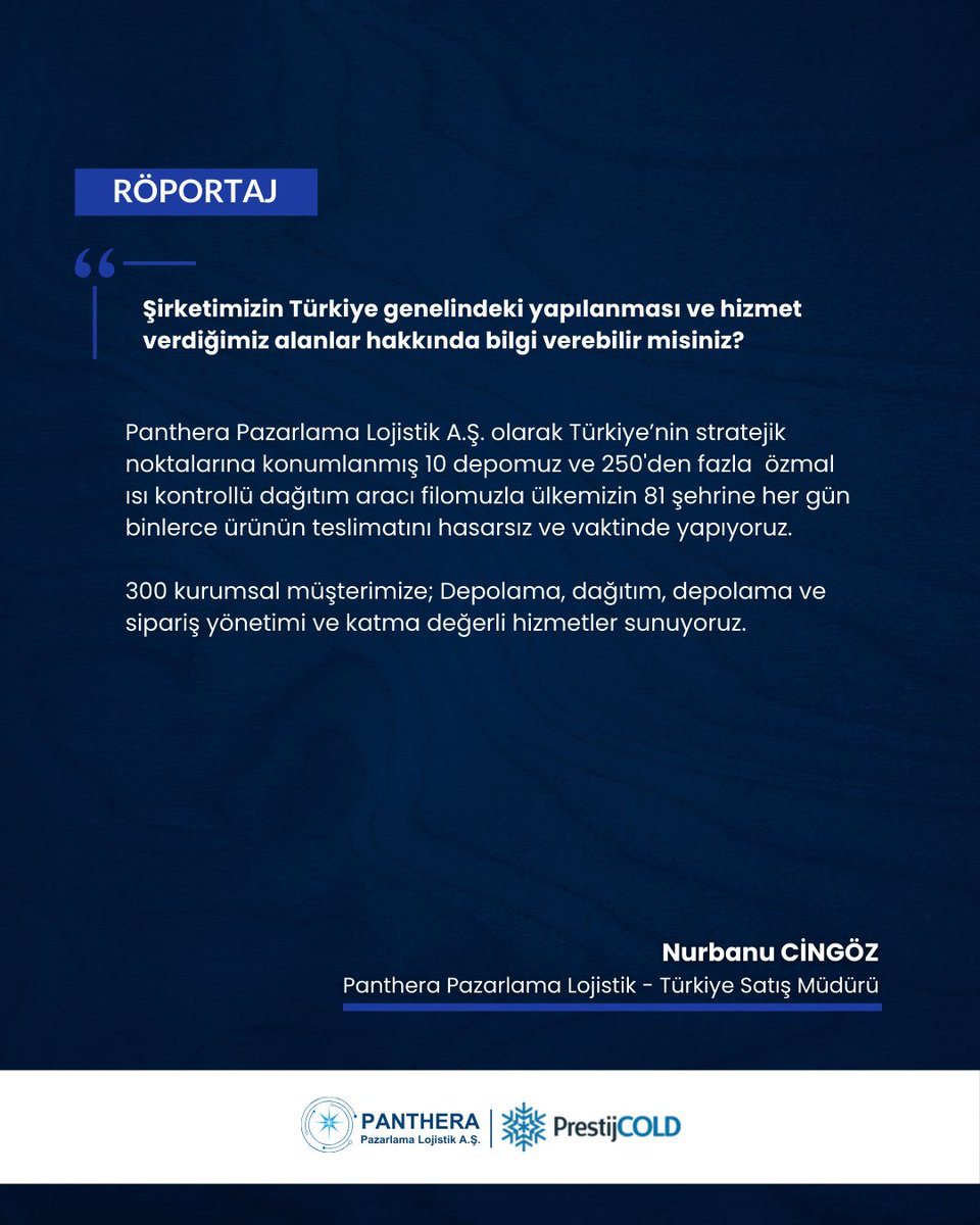 prestij_cold's tweet photo. Türkiye Satış Müdürümüz Sn. Nurbanu CİNGÖZ ile şirketimizin Türkiye genelindeki yapılanması, soğuk zincir taşımacılığının avantajları, operasyonel gücümüz, satış stratejilerimiz, müşteri memnuniyeti, kullanılan altyapılar ile ilgili verimli bir #röportaj gerçekleştirdik. https://t.co/XbScAi5Jwp