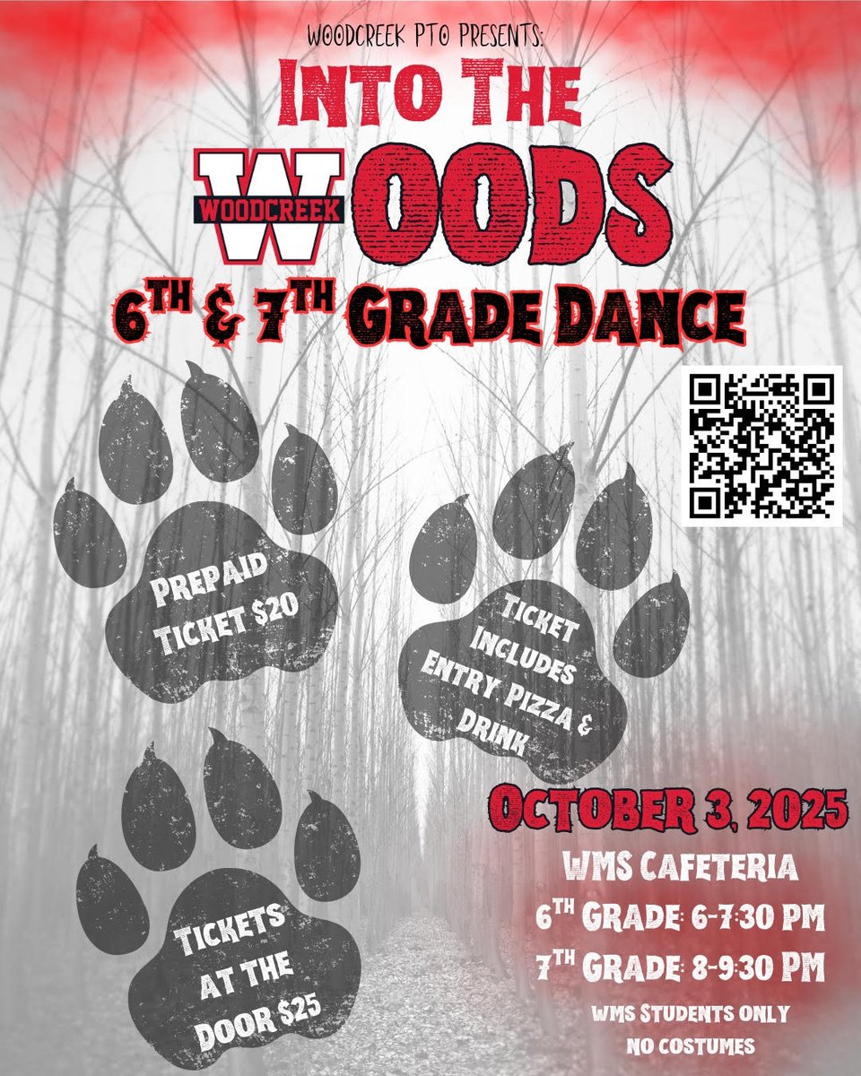 Tickets are officially on sale for the 6th &amp; 7th Grade Dance! Pre-purchase for just $20 (includes entry, pizza &amp; a drink). Tickets will be $25 at the door. Don’t wait—grab yours today at woodcreekpto.membershiptoolkit.com/packet/27249!