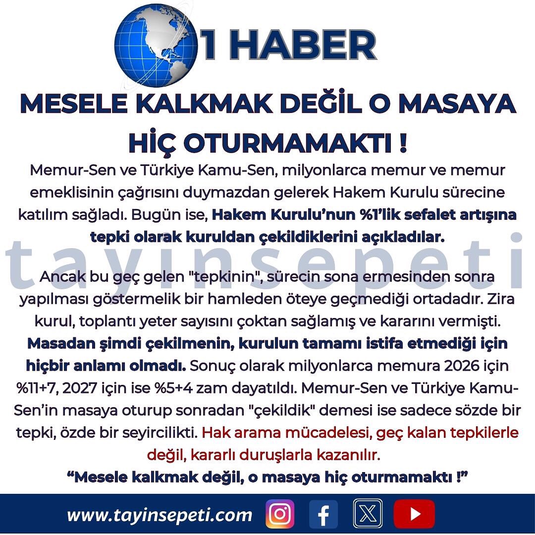 tayinsepeti's tweet photo. Memur ve memur emeklileri için zam pazarlığında hakem kuruluna katılan Memur-Sen ve Türkiye Kamu-Sen %1 fark alabildi. Tepki olarak masadan kalktılar ancak süreç çoktan bitti.. #memur #memurazam #zam #sözleşmeli #kesk #kamusen #memurlarısattınız  #MemurlarıBitirdiniz #hakemkurulu https://t.co/PKu0b4uCYc