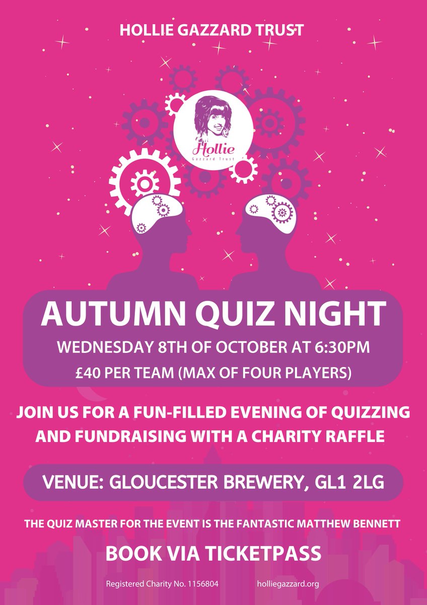 ❓ QUIZ NIGHT ❓
We are excited to announce that the Hollie Gazzard Trust Quiz Night returns on Wednesday 8th October 2025 at Gloucester Brewery. It's always a great night - so grab your tickets quick before they sell-out!

Get tickets: ticketpass.org/event/EVIBGY/a…