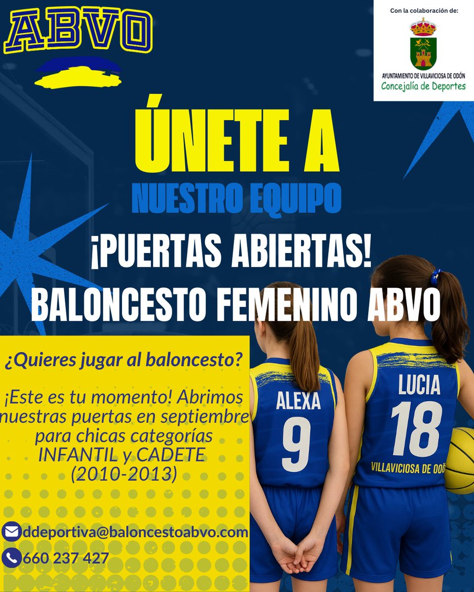 💙💛 PUERTAS ABIERTAS – BALONCESTO FEMENINO ABVO 🏀
¿Quieres jugar al baloncesto? Este septiembre entrenamos GRATIS en el Pabellón Chema Martínez.

👉 Buscamos jugadoras INFANTIL y CADETE (2010-2013)

¡No hace falta experiencia, solo ganas de disfrutar!

#goabvo #mareaazulvilla