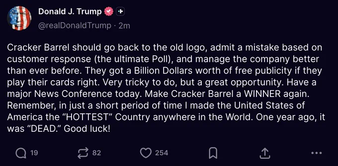 📉KOBEISSI: Trump chiede a Cracker Barrel di ripristinare il vecchio logo per "diventare un vincitore di nuovo"